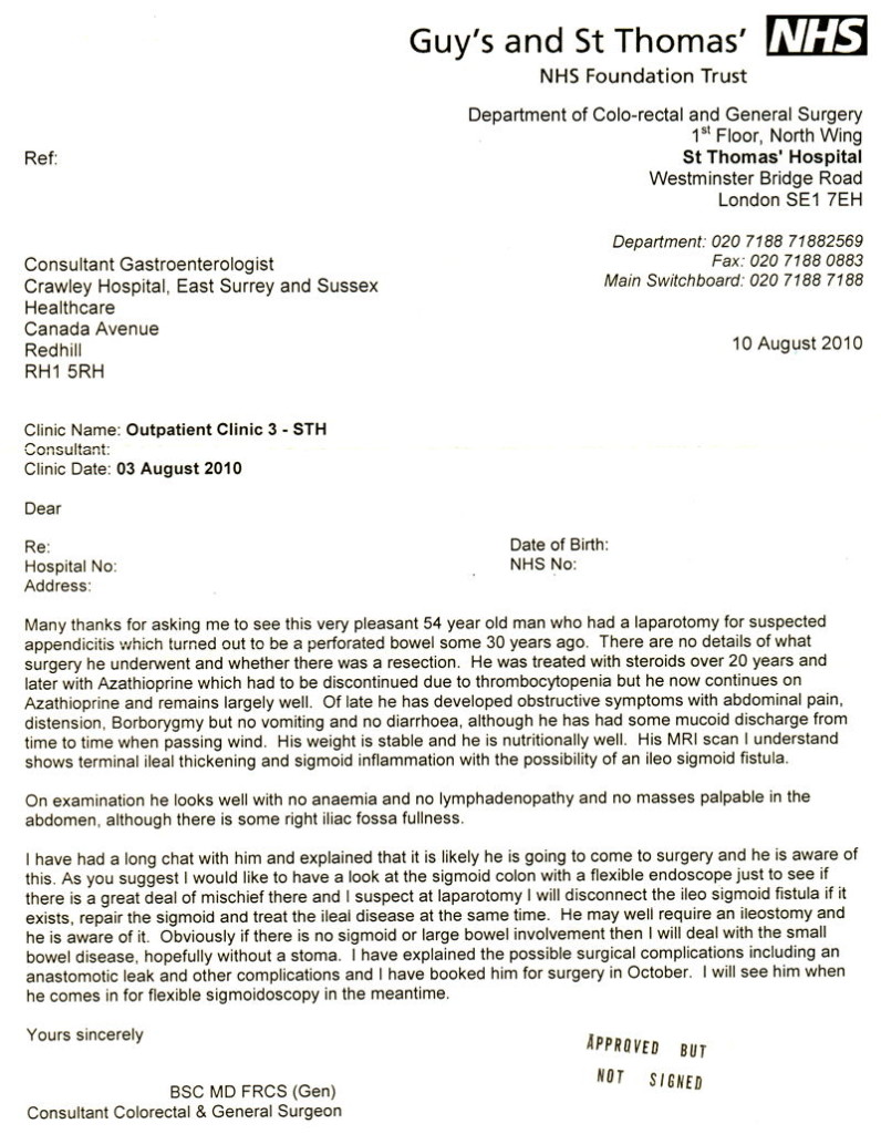 Surgeon's letter - 10th August 2010