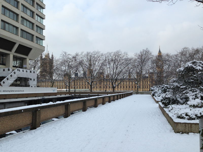 Palace of Westminster in snow from St.Thomas'