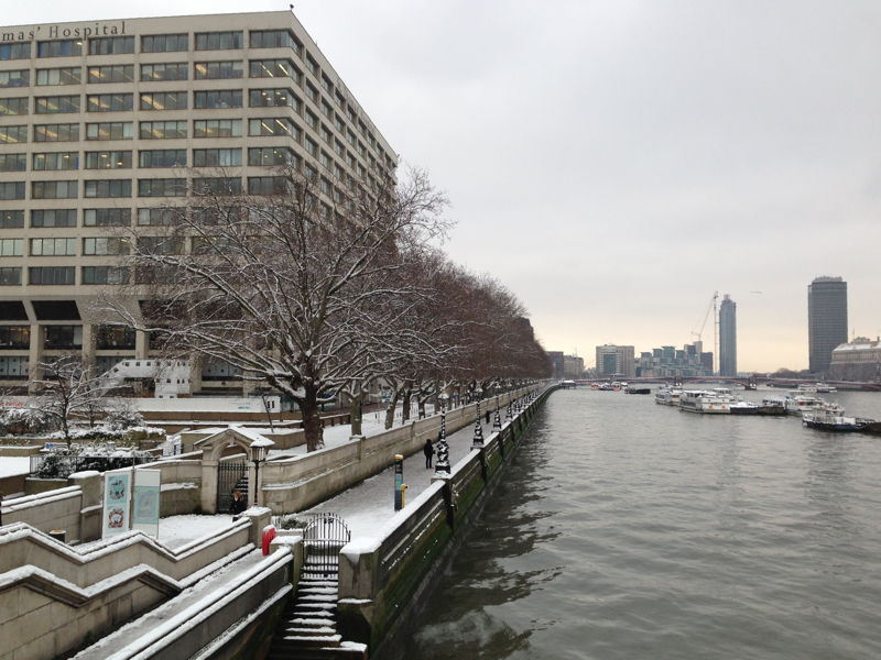 St.Thomas' in the snow from Westminster Bridge