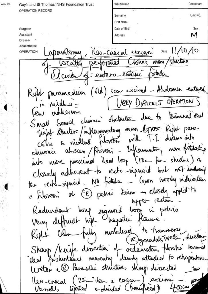 The Surgeon’s Note from Operation Day including the justification for forming the double barreled stoma